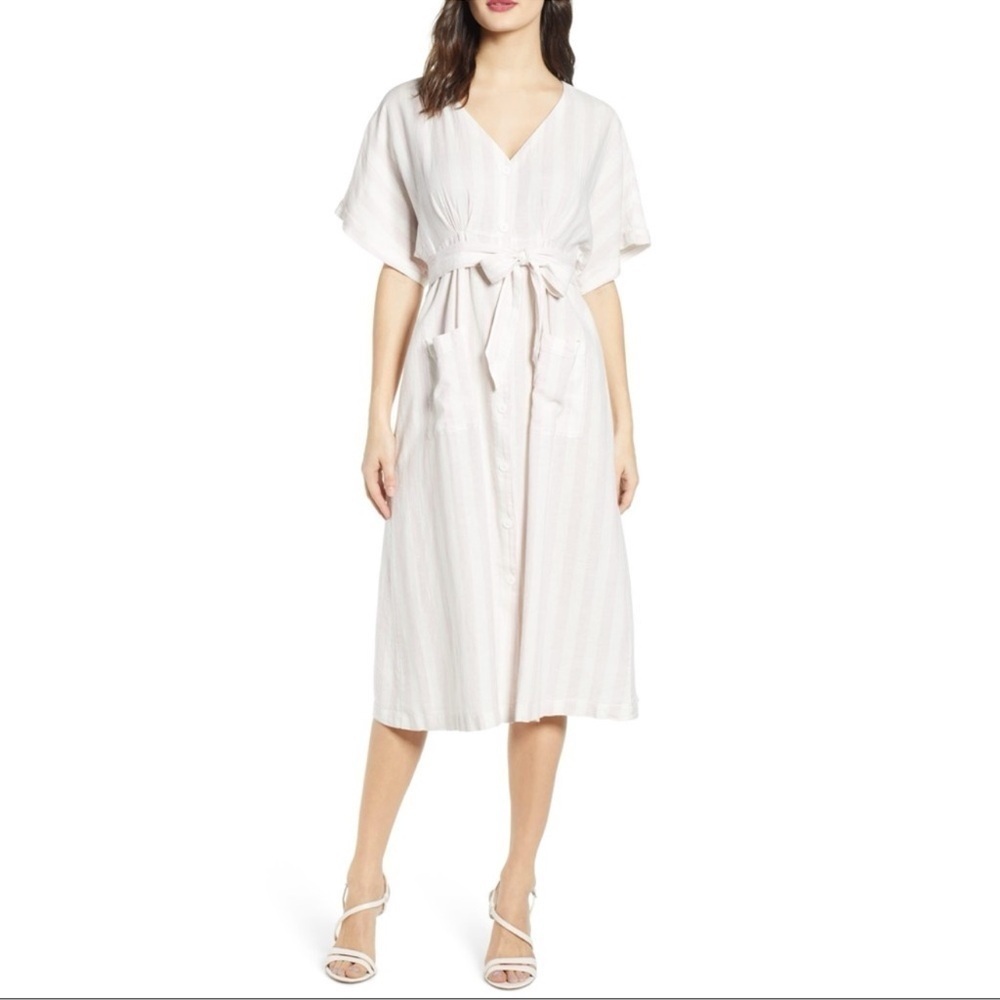 Chelsea28 Dolman White Striped Belted Linen V Neck Dress